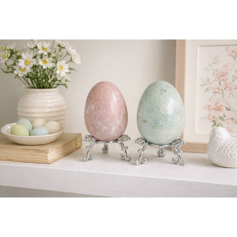 Vintage Large Polished Onyx Marble Stone Egg Pair Pink Blue w Stands Heavy Decor